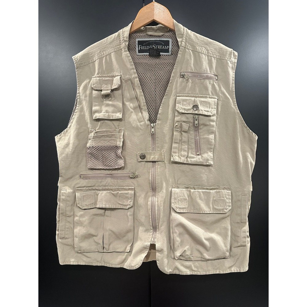 Field & Stream Mens Khaki Cotton Utility Fishing Vest Mesh Lined Multi-Pocket L